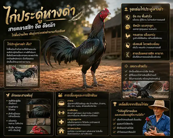 ไก่ประดู่หางดำ: สายคลาสสิกอึดตีหนัก จุดเด่นและการเลี้ยง