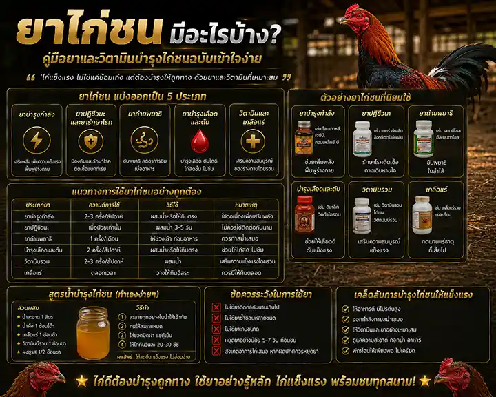 ยาไก่ชน มีอะไรบ้าง? คู่มือยาและวิตามินบำรุงไก่ชนฉบับเข้าใจง่าย