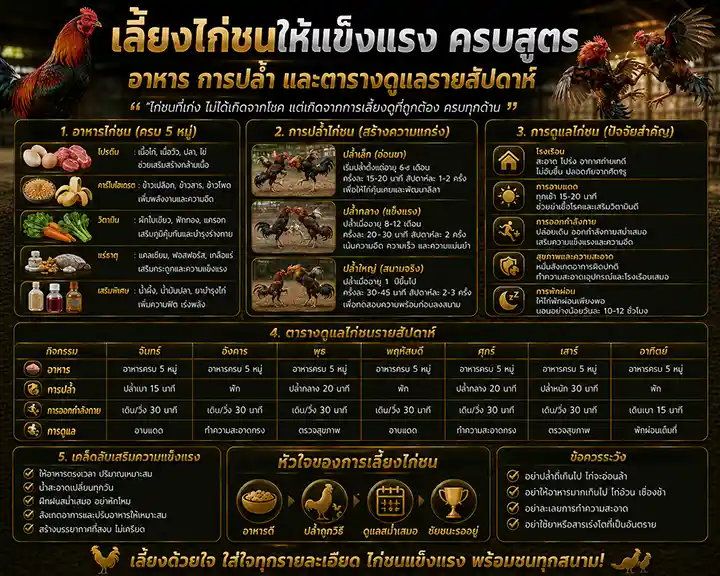 เลี้ยงไก่ชนให้แข็งแรง ครบสูตร: อาหาร การปล้ำ และตารางดูแลรายสัปดาห์
