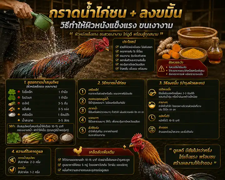 กราดน้ำไก่ชน + ลงขมิ้น: วิธีทำให้ผิวหนังแข็งแรง ขนเงางาม